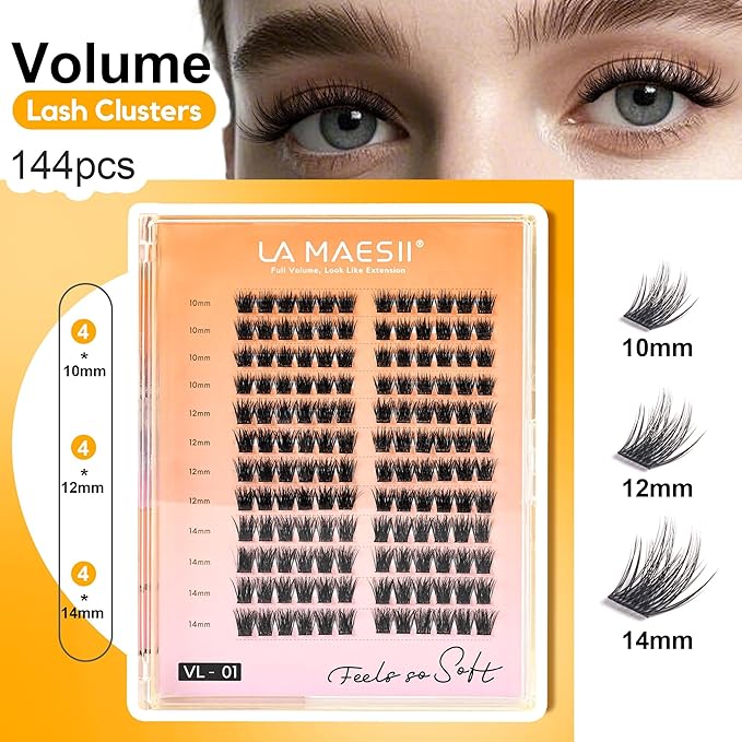 144Pcs Lash Clusters, Volume Eyelash Clusters, C Curl 10-14mm Individual Lashes Eyelash Extension,Large Tray(PL01)
