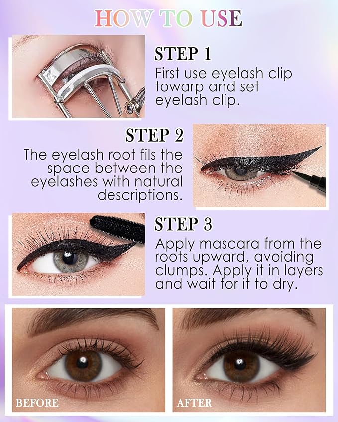 Purple Mascara Liquid Eyeliner Set, Update Longlasting Waterproof Color Eye Liner Pen, 5D Silk Fiber Colored Mascara Volume and Length, Christmas Party Stage Use Eye Makeup Gift Kit for Women Girl-05