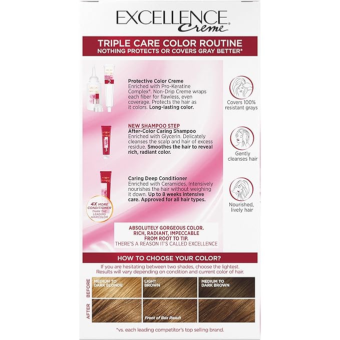 L'Oreal Paris Excellence Crème Permanent Hair Dye, Triple Care Hair Color with Hyaluronic Acid for 100% Gray Coverage, 6G Light Golden Brown, 1 Kit (Packaging May Vary)