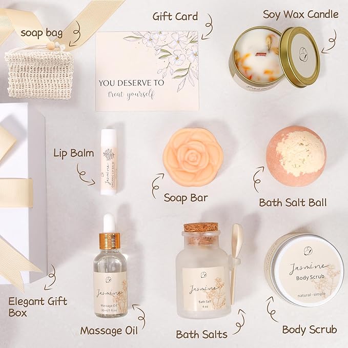 EXTALOW Spa Gifts for Women Valentines Day Gifts Jasmine Bath Gift Baskets Relaxing Self Care Gift for Mom Girlfriend Sister Wife Auntie Home Bath Care Package Thank You Birthday Gift Friendship