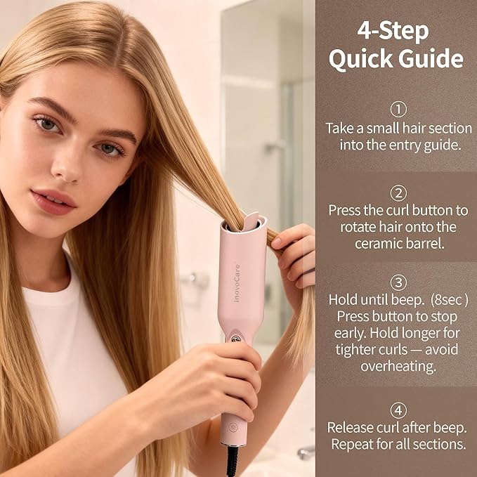 Upgraded Automatic Rotating Curling Iron - CurlPro Plus Long Barrel Curling Wand for Long Hair, Ceramic Hair Curler for Women, Anti-Scald, Tangle-Free, 600M Ionic, Dual Voltage (Misty Rose)