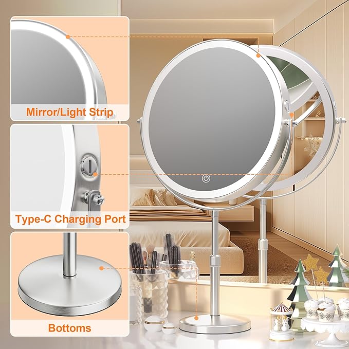 Hasipu 10” LED Makeup Mirror with 1X/10X Magnification - Rechargeable Vanity Mirror, 3 Color Modes, Touch Control, 360° Rotation & Height Adjustable Nickel