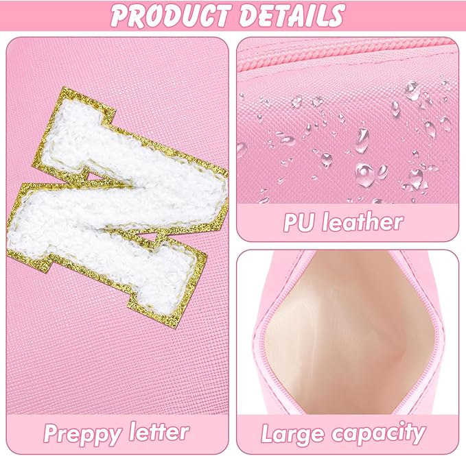 URSKYTOUS Initial Makeup Bag Personalized Preppy Travel Small Cosmetic Bag Cute PU Pink Chenille Letter Makeup Pouch for Purse Waterproof Zippered Toiletry Organizer for Women Girls Kids Friends (N)