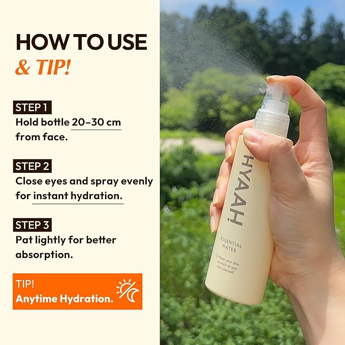 HYAAH All-Day Essential Water - Korean Face Mist Spray - Hydrating Soothing with Chamomile Extract and Houttuynia Cordata - Moisturizing, Calming, Pore Care Daily Skincare, 3.38oz