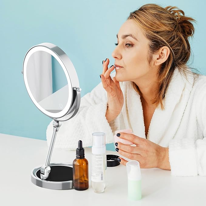 Rocollos 9" Large Lighted Makeup Mirror with 1X/10X Magnification, 4000mAh Rechargeable Vanity Mirror with Height Adjustable & 3 Color Dimmable Lights (9 Inch-Chrome)