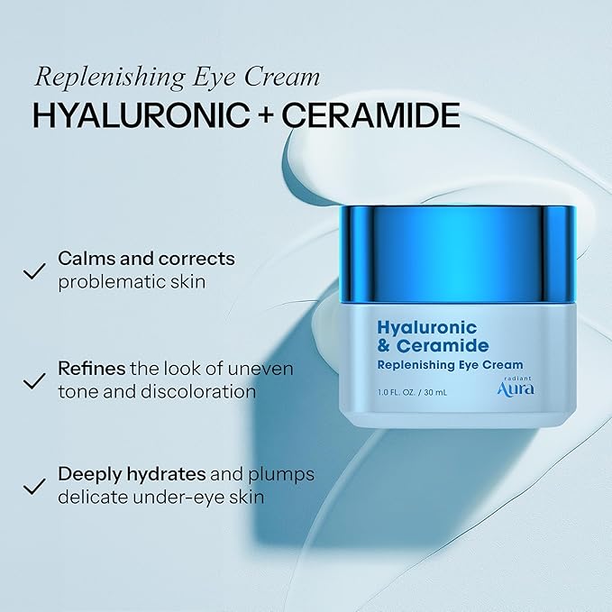 Radiant Aura Hyaluronic Acid & Ceramide Eye Cream For Dark Circles - Dermatologist Tested, Anti Aging Korean Skin Care - Deep Hydration & Depuffing Eye Treatment - Vegan, Clean Beauty - 1.0 Fl Oz