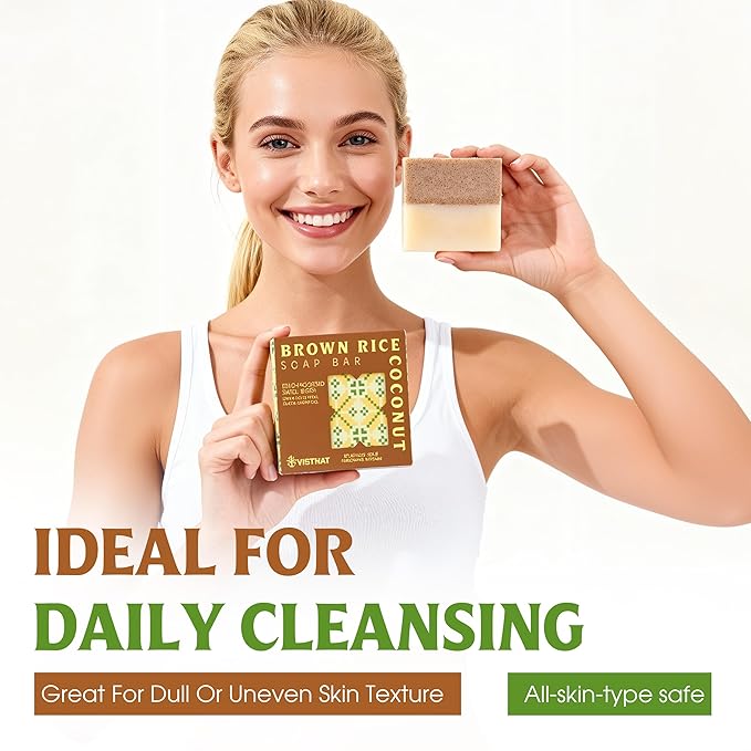VIETNAT Brown Rice & Coconut Soap Bar (Pack of 3) – 2-in-1 Exfoliating & Nourishing, Cold Process Handmade Soap with Rice Bran & Coconut Milk, Gentle Daily Body Bar