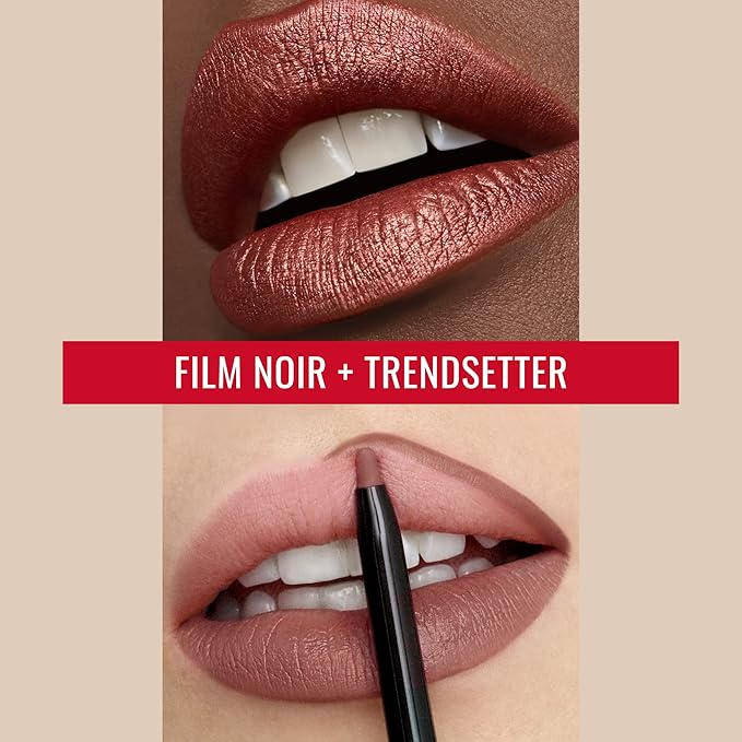 Runway Rogue ‘Film Noir’ Golden-Bronze Silk Glam Long Wear Liquid Lipstick Bundle with ‘Trendsetter’ Matte Soft-Mocha Designer Liner Lip Liner