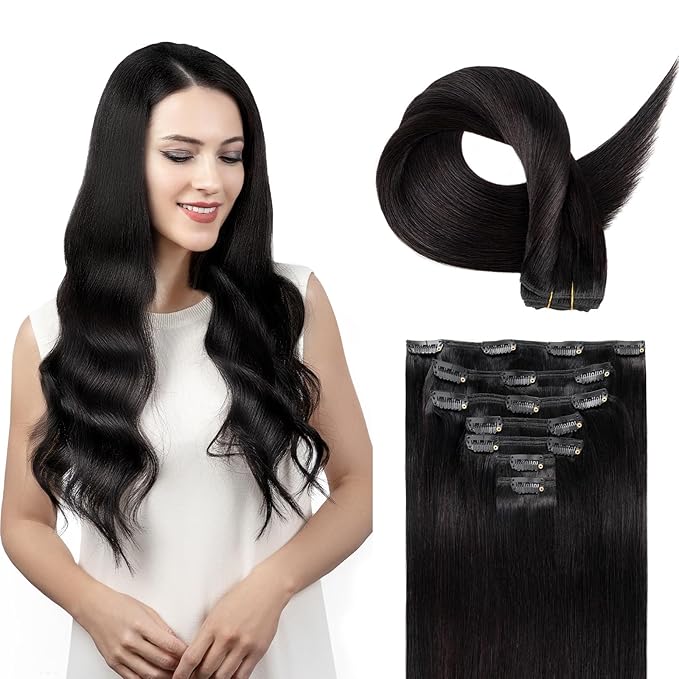 Clip in Hair Extensions Real Human Hair, Remy Hair Clip in Extensions Human Hair, Natural Black 100% Human Hair Extensions for Women #1B 20Inch 120G 7PCS