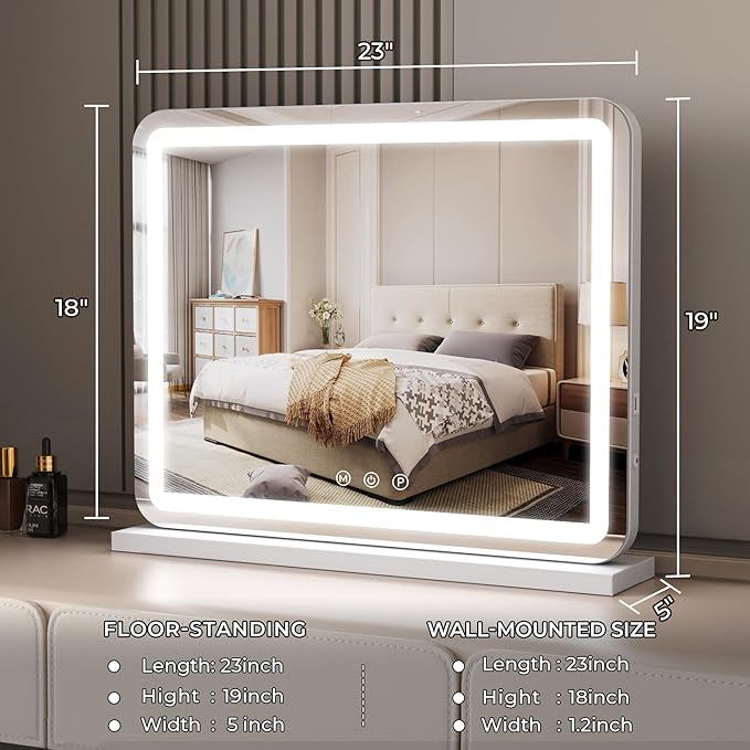 ZL ZELing Vanity Mirror with Lights, 23 Inch Large Makeup Mirror with LED Lights, Smart Touch Dimmable 3-Color Light, Memory Function, USB Charging Port, and Magnifying Glass