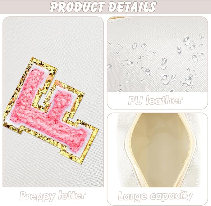 URSKYTOUS Initial Makeup Bag Personalized Preppy Travel Small Cosmetic Bag Cute PU White Chenille Letter Makeup Pouch for Purse Waterproof Zippered Toiletry Organizer for Women Girls Kids Friends (F)