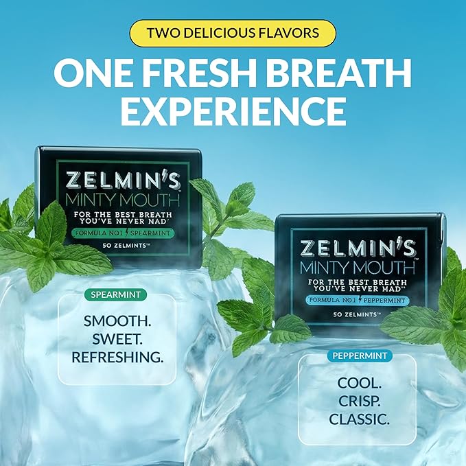 Zelmin's Minty Mouth Breath Freshener - (12 Pack) Long Lasting Bad Breath Treatment for Adults, Instant Freshness Helps with Dry Mouth, Natural Breath Mints for Travel, Alcohol-Free, Keto, Gluten-Free