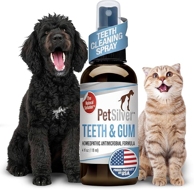 PetSilver Teeth & Gum Spray - Dog Dental & Teeth Cleaning Spray for Plaque & Tartar Build-Up Reduction - Natural Breath Freshener for Dogs and Cats - Patented Chelated Silver - Made in The USA - 4 oz