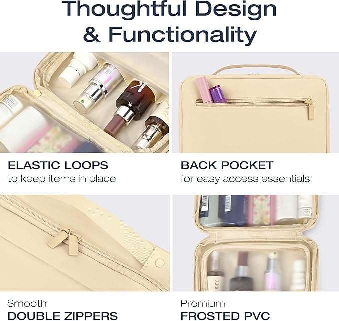 KAZAY Hanging Toiletry Bag with TSA Approved Detachable Pouch, Travel Toiletry Bag, Water Resistant, Premium Nylon, Full-Size Bottles, Travel Size Toiletries, Cosmetic Bag, Unisex (Beige)