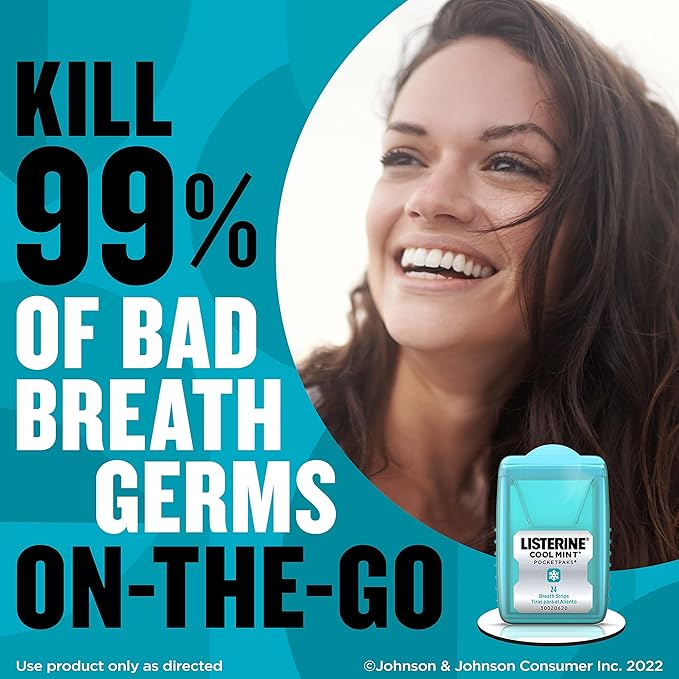 Listerine Cool Mint PocketPaks Portable Breath Strips for Bad Breath, Fresh Breath Strips Dissolve Instantly to Kill 99% of Bad Breath Germs* On-The-Go, Cool Mint, 12 Pack