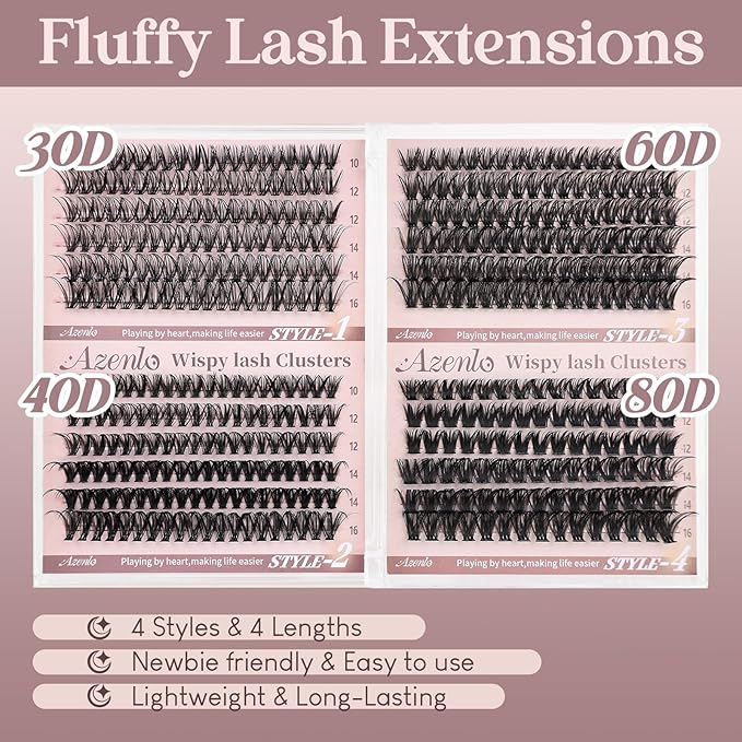 Wispy Lash Clusters 30D+40D+60D+80D- 4 Styles 10-16mm DIY Eyelash Extensions, Natural Look Lightweight, Beginner Friendly Reusable 456pcs Individual Lashes for Everyday & Party Use