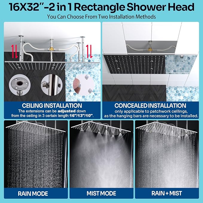 HOMEDEC Dual Shower Faucet Set for Couples, 16x32" & 6" Side Shower Heads, 4-Way Diverter Valves, Shower System with Body Jets & Handheld, Chrome