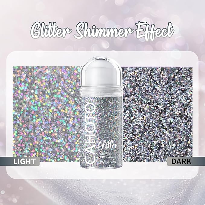 Silver Rolling Glitter for Face Body & Hair, Sparkling Holographic Chunky Shimmer, Roll-on Sequins for Singer Concert Rave Festival Halloween Party Carnival, 1.35fl.oz