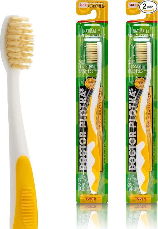MOUTHWATCHERS Soft Childrens Flossing Manual Toothbrush, Set of 2, Yellow Toothbrushes for Kids & Teens, Ultra Clean, by Dr. Plotka's
