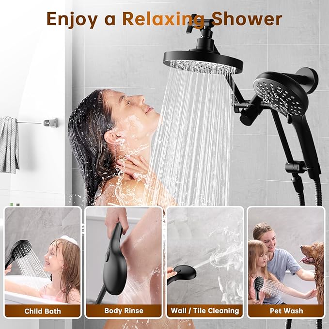 BRIGHT SHOWERS High Pressure Dual Shower Head Combo with Handheld and Rain Shower, Built-in Power Wash, 9 Settings, Height Adjustable Extension Arm, 3-Way Diverter, 69” Hose, Matte Black