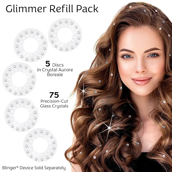 blinger® Shimmer Crystal Refill Pack – as seen on Shark Tank | 5 Discs – 75 Precision-Cut Glass Crystals | Hair-Safe Accessories | Styling Tool not included | Crystal Aurore Boreale 5 mm