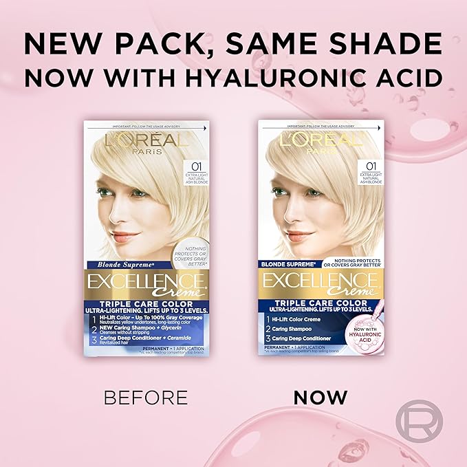 L'Oreal Paris Excellence Crème Permanent Hair Dye, Triple Care Hair Color with Hyaluronic Acid for 100% Gray Coverage, 01 Extra Light Natural Ash Blonde, 1 Kit (Packaging May Vary)
