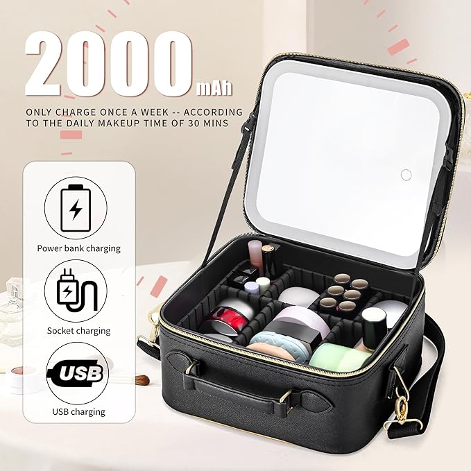 ZhenGuiRu Travel Makeup Bag with Light Up Mirror, Cosmetic Artist Organizer Case with LED Mirror, Travel Makeup Case for Cosmetic Brush Holder Storage, Toiletry Case for Women Gift