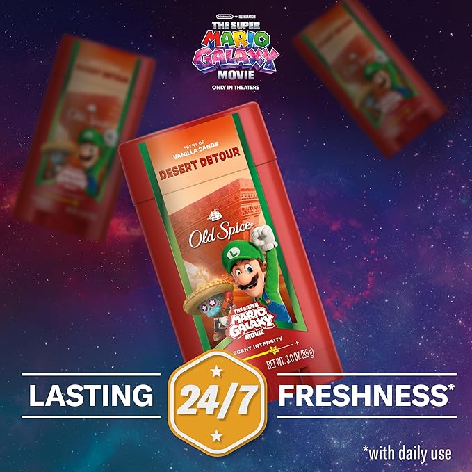 Old Spice Aluminum Free Deodorant for Men, Old Spice x The Super Mario Galaxy Movie, 24/7 Lasting Freshness, Lasting Odor Protection, Smell Super with Desert Detour, Vanilla Sands Scent, 3.0 oz