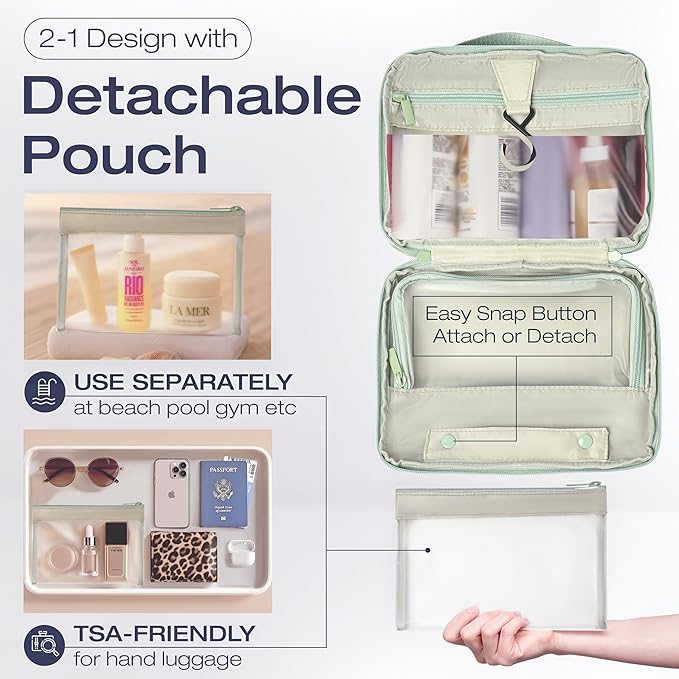 KAZAY Hanging Toiletry Bag with TSA Approved Detachable Pouch, Travel Toiletry Bag, Water Resistant, Premium Nylon, Full-Size Bottles, Travel Size Toiletries, Cosmetic Bag, Unisex (Sage Green)