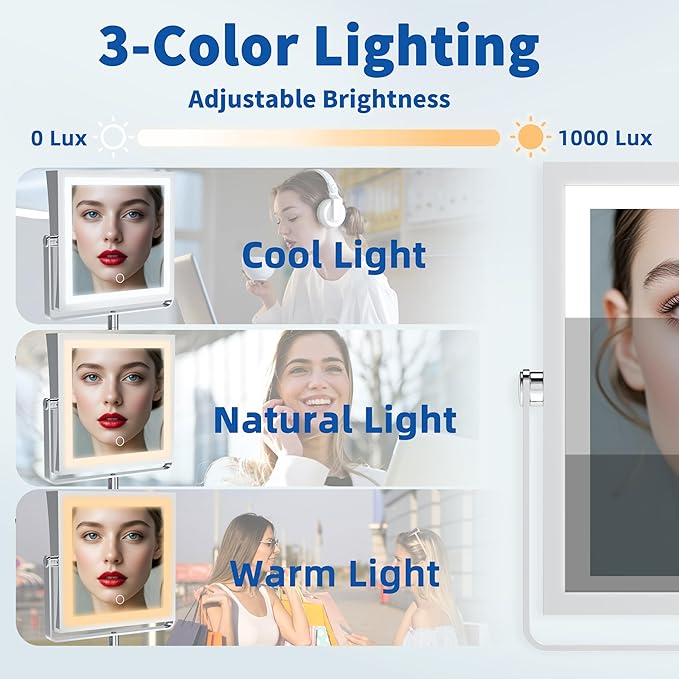 Ruacq Rechargeable Wall Mounted Makeup Mirror with Lights, Double Sided 1X/7X Magnifying Vanity Mirror with 3 Color Lighting, Touch Screen Dimmable, 360° Rotation Extension Foldable Arm(Chrome)