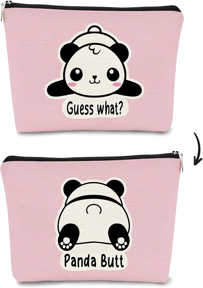 BARPERY Panda Gifts Pink Makeup Bag,Gifts for Panda Lover Wonmen Girls,Cute Baby Panda Guess What It's Pug Butt Cosmetic Bag,Makeup Case for Teen Girls Daughter, Panda Accessories