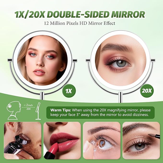9" Large Lighted Makeup Mirror with Magnification 20X/1X, Magnifying Mirror with Base Charging and Switch, Rechargeable Vanity Mirror with 3 Color Dimmable Lights for Dresser, Bathroom