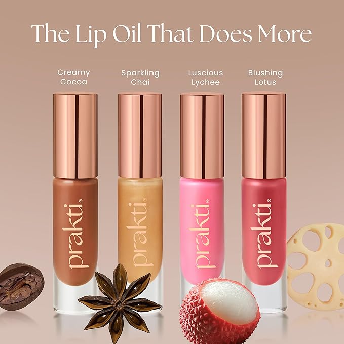 Prakti KhushiKiss Nourishing Lip Oil in Creamy Cocoa, Hydrates & Plumps Lips, High-Shine Finish, with Hyaluronic Acid & Peptides, 0.17 oz