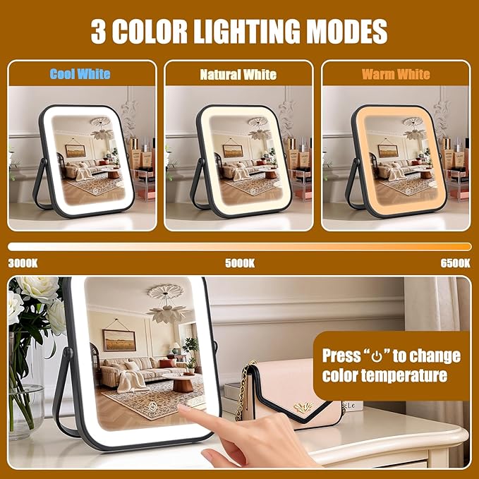 Vanity Mirror with Lights, 10"×8" Makeup Mirror with lights Built-in 1500mAH Battery, HD Mirror, Smart Touch with 3-Color Lighting, Dimmable, Desk Mirror, Women Gift, Travel Essentials (Black)