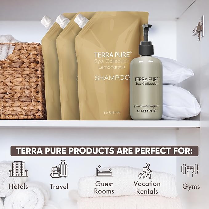 Terra Pure Spa Collection 1 Liter Shampoo Refill Bag For Soap Dispensers | Bulk Toiletries for Vacation Rentals, and Home Bathroom Showers | Green Tea Lemongrass | Set of 3