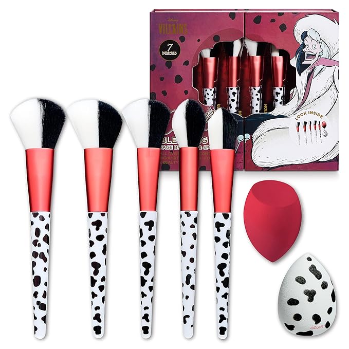 Disney Cruella 7PC Premium Makeup Brush & Blender Set, All-over, Highlighter, Concealer, and Eyeshadow Brush, 2 Beauty Blender Sponges for women and girls by Belle Maison