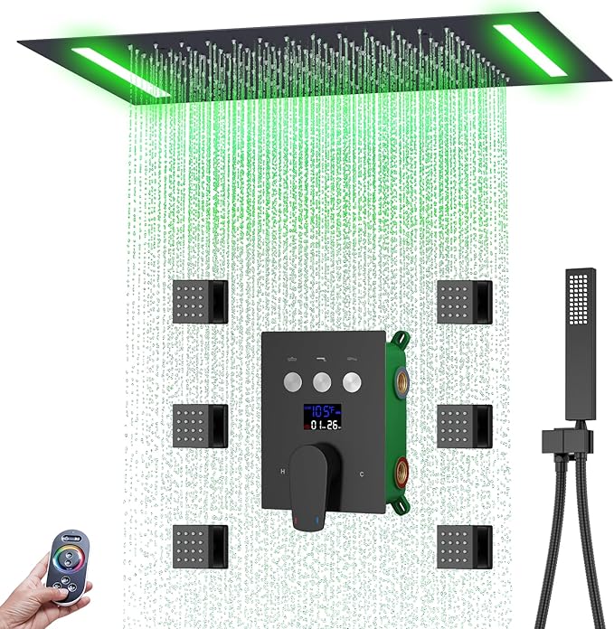 WHSHOWER Digital Display Shower Faucet Set With 14x20 Inch LED Rainfall Shower Head,Brass Handheld Sprayer And 6pcs Body Jets,Full Body Shower System (Matte Black)