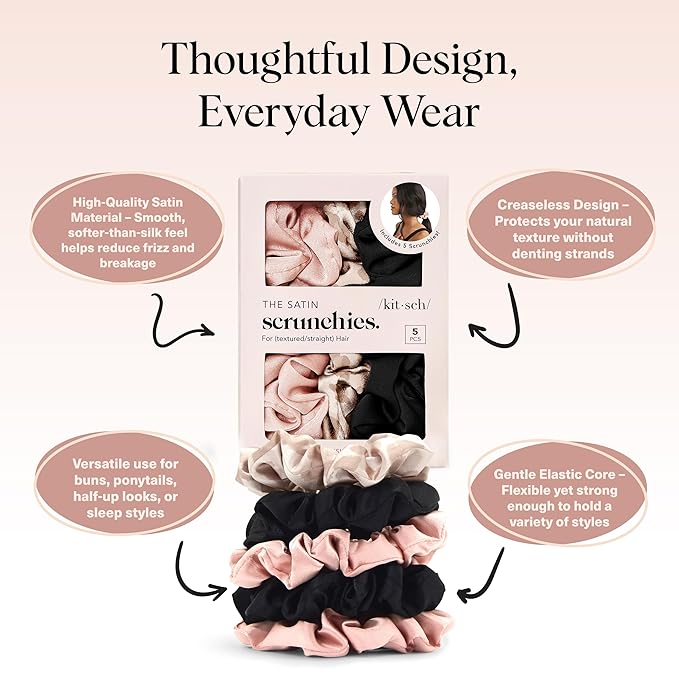 Kitsch Satin Scrunchies for Women - Softer Than Silk Scrunchies | Hair Ties No Damage for Frizz-Free Sleep | Ideal Gifts for Women, Assorted, 5pcs