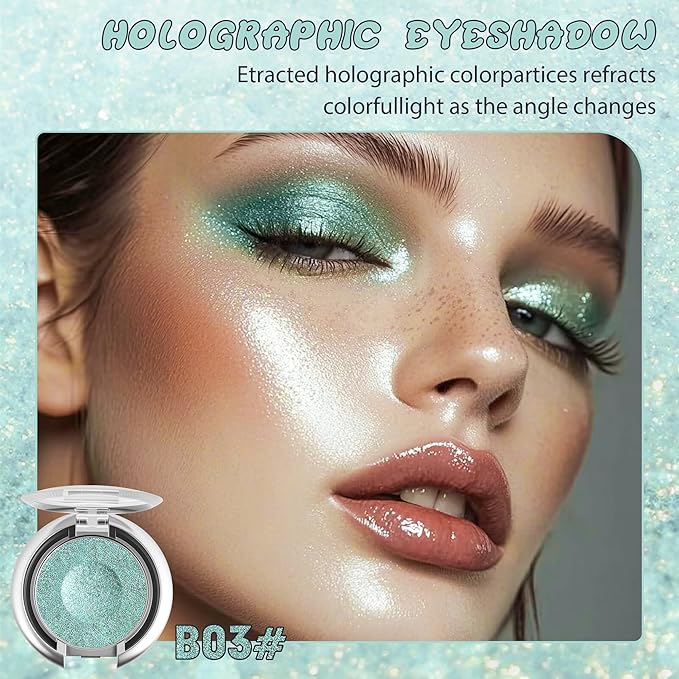 Glitter Eyeshadow,Multichrome Holographic Green Shimmer Eye Shadow,Chameleon High Pigmente Sparkly Shadows Palette，Iridescent Metallic Eye Highlighter，Makeup for Rave，LongWear,03#