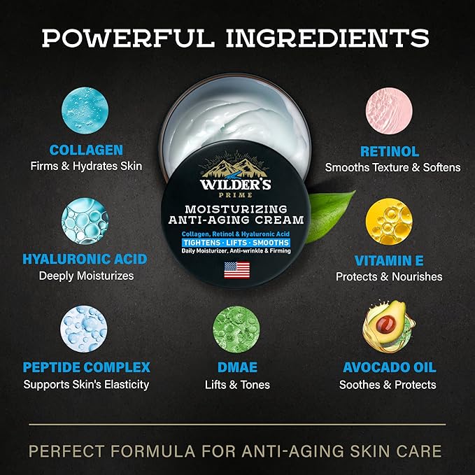 Men's Face Moisturizer Cream - Anti Aging & Wrinkle - Made in USA - Collagen, Hyaluronic Acid, Retinol, Vitamins E & A, Avocado Oil - After Shave - Age Facial Skin Care, Day & Night Moisturizing, 2 oz