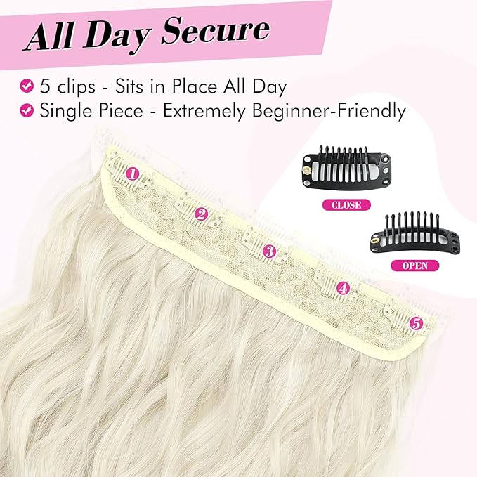 REECHO Blonde Hair Extensions, 20” One Piece Clip in Hair Extensions Thick Long Beach Wavy Natural Soft Synthetic Hairpieces for Women, Platinum Blonde