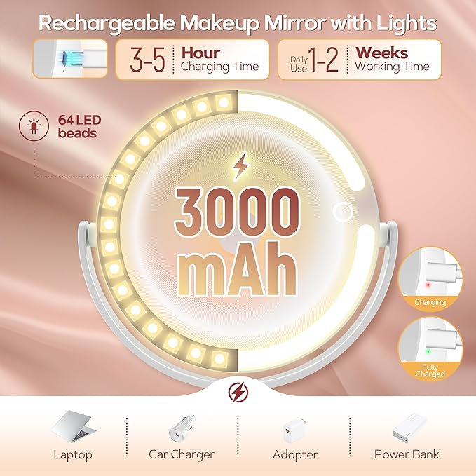 B Beauty Planet Vanity Mirror with Lights, 30X Magnifying Makeup Mirror with 3 Lighting and Adjustable Brightness, Rechargeable 2-Sided Height Adjustable Desk Mirror for Bathroom, Gift for Women White