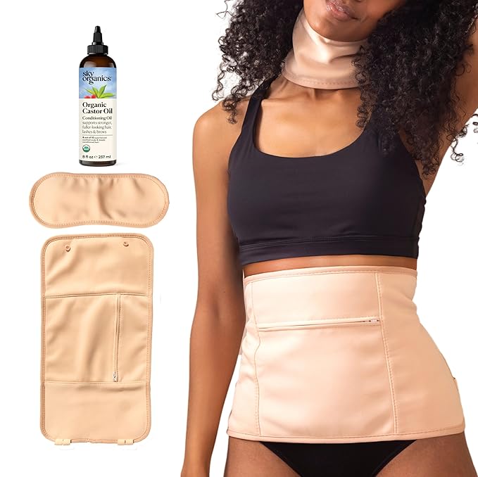 Sky Organics 8 oz Castor Oil w/Wraps | Reusable Organic Castor Oil Pack to Boost Body's Wellness, Encourage Rest & Relaxation | Adjustable Elastic Straps Cotton Durable Easy to Use