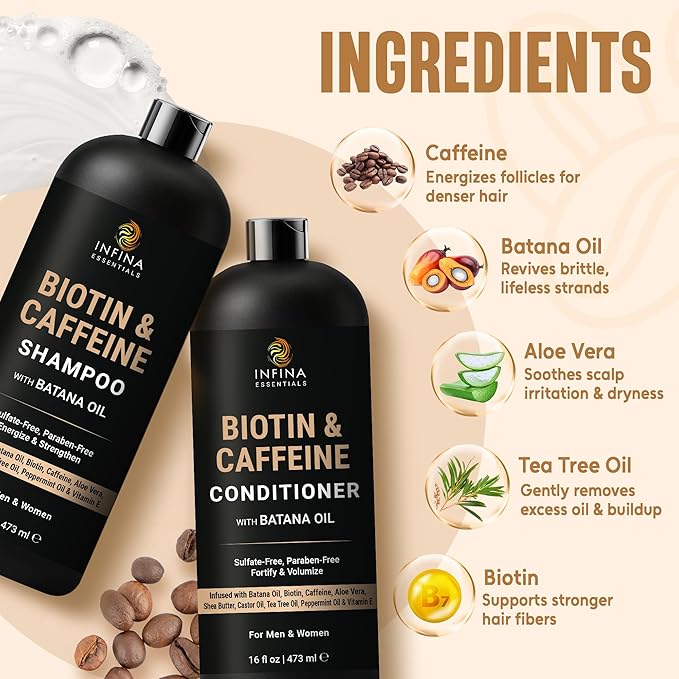 INFINA ESSENTIALS Caffeine Biotin Shampoo and Conditioner Set | 16 fl oz Each | with Batana Oil | Nourishing & Strengthening Formula | Promotes Hair Growth, Thickness & Fuller-Looking Hair