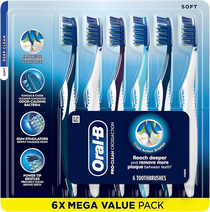 Oral-B Pro Clean Cross Action Toothbrushes, Deep Plaque Removal, 6 Count