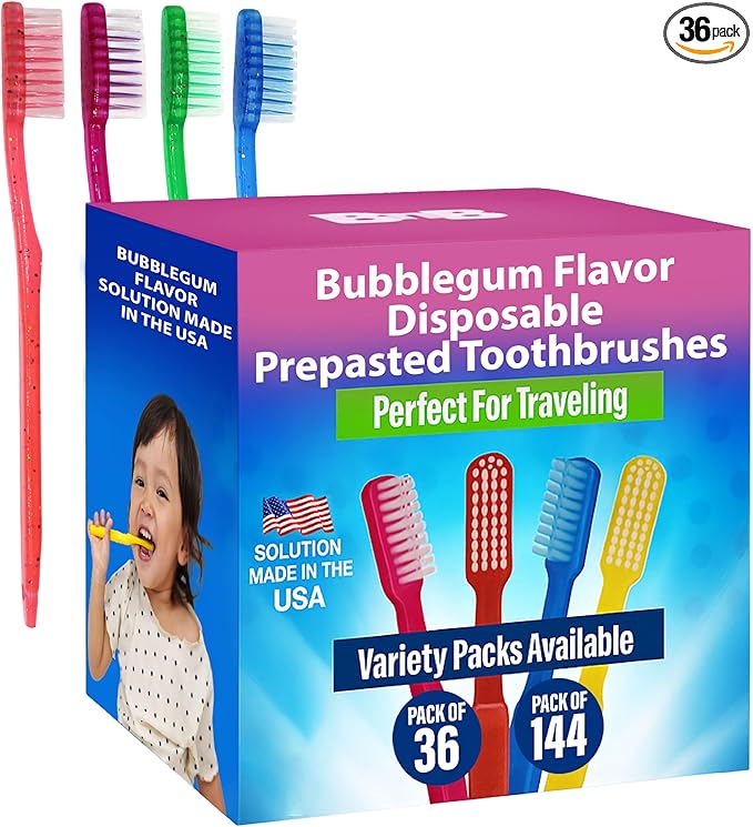 Kids Prepasted Toothbrushes Individually Wrapped - Bubblegum Disposable Toothbrushes with Sparkles (36 Pack)