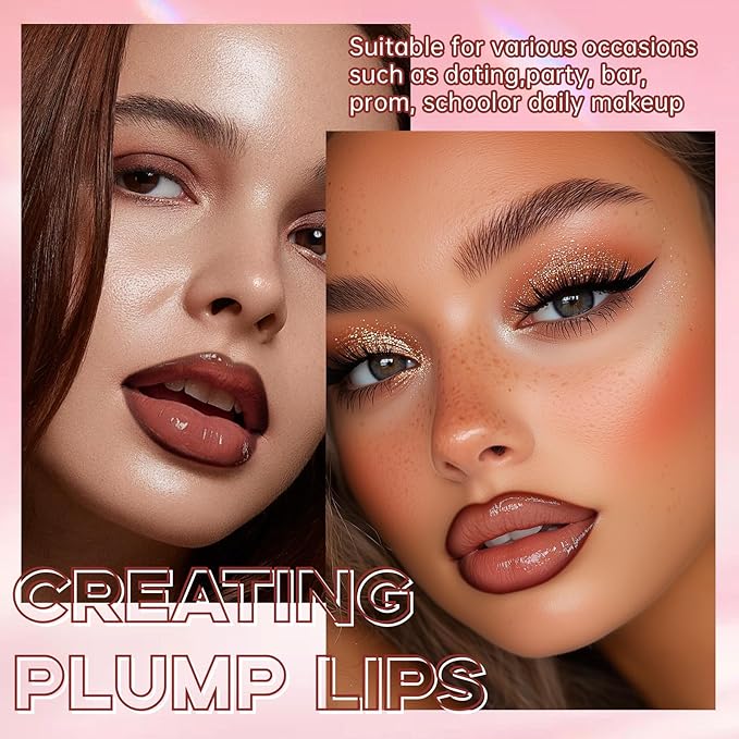2 Colors Nourishing Lip Gloss Brown Lip Liner Combo, Hydration Plumping Lip Glow Oil Set for Women, Moisturizing Lightweight Long Lasting High Shine Lip Tint, Mini Liquid Lipstick Makeup Kit