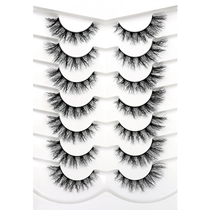 Pooplunch False Eyelashes Pre-Permed Curl Cat Eye Look Wispy Volume Natural Fake Eyelash 8D Faux Mink Strip Lashes 7 Pairs Pack
