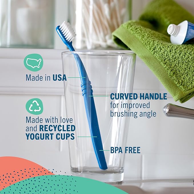 Preserve Eco Friendly Adult Toothbrushes, Made in The USA from Recycled Plastic, Ultra Soft Bristles, Paperboard Package, Colors Vary, 6 Count (Medium)