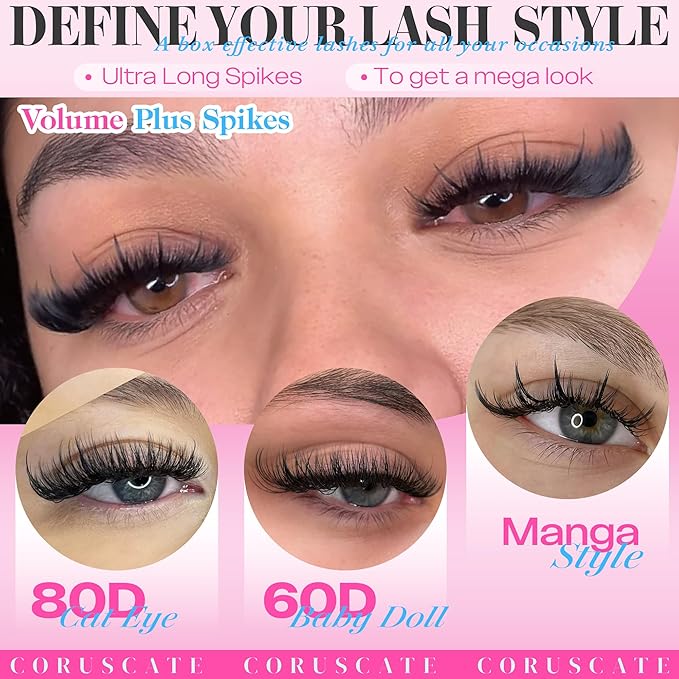 CORUSCATE Lash Clusters Kit 60D80D with Lash Spikes Eyelash Clusters Volume Cluster Eyelash Extensions Kit 10-21mm DIY Spiky Individual Lashes Extension Kit Mega Eyelashes Mink Strip Cluster Lashes